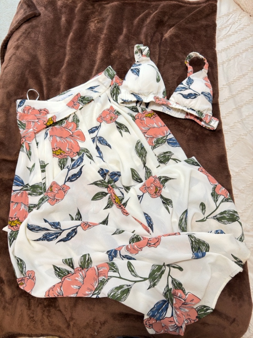 Fashion Nova White Floral Halter2 pieces set with Coral & Green Print